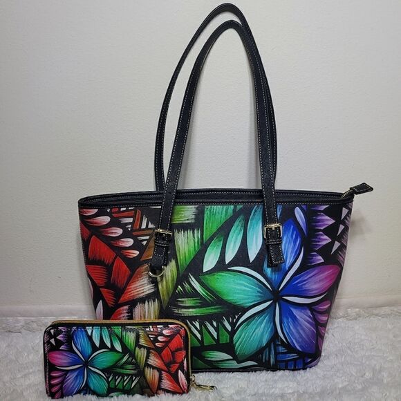 Rainbow Hawaiian Floral Print Tote Purse with Matching Wallet - Picture 2 of 13